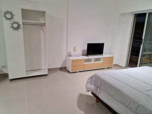 布宜诺斯艾利斯Paseo De La Cisterna UF 320的一间卧室配有一张床,并在橱柜上配有电视