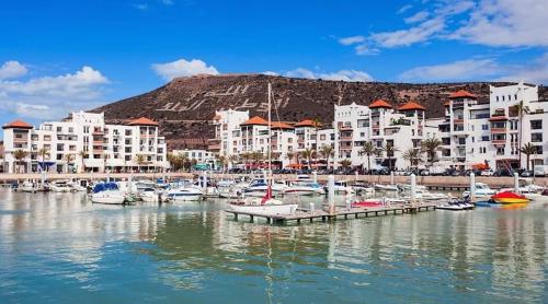 阿加迪尔Marina Agadir Appartement的一群船在码头上,有建筑物