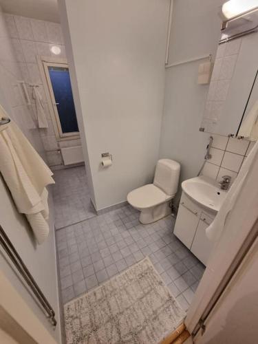 拉彭兰塔Viihtyisä kaksio keskeisellä sijainnilla的白色的浴室设有卫生间和水槽。