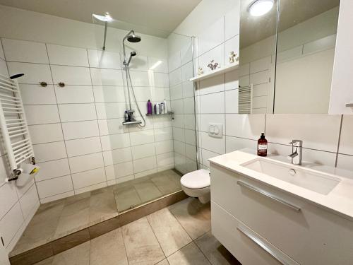 雷克雅未克Modern 2 bedroom apartment in Kópavogur的白色的浴室设有卫生间和水槽。