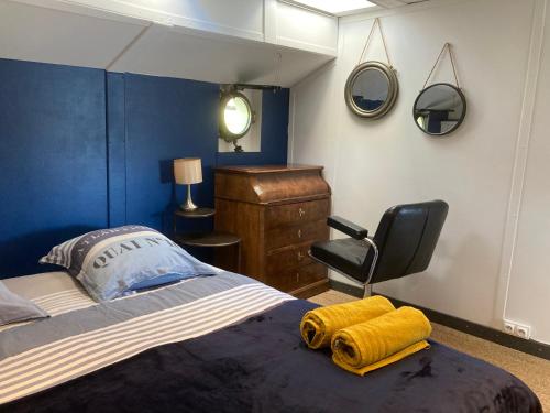 阿维尼翁Location Péniche Avignon的一间卧室配有一张床、椅子和镜子