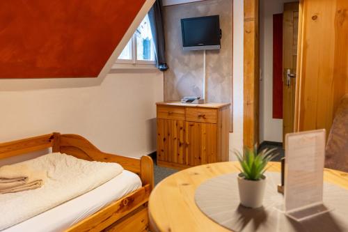 巴特尚道Pension Schrammsteinbaude的客房设有1张床、1张桌子和1台电视。