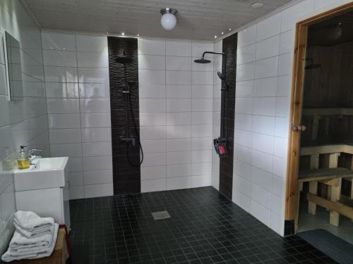 基尔科努米Sydåbacka Guest House, a Room with a Sauna的带淋浴和盥洗盆的浴室