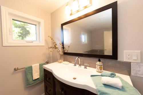 布雷斯布里奇Entire house/wifi/private/cozy/escape/Muskoka lake的一间带水槽和大镜子的浴室