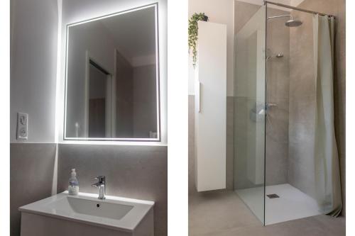 阿雅克修CASA LC chambre2 vue Mer Jacuzzi的浴室配有盥洗盆和带镜子的淋浴