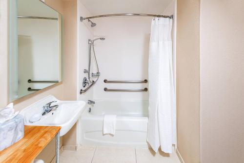 休斯顿休斯顿医疗中心/NRG公园春季山丘套房酒店的白色的浴室设有水槽和淋浴。
