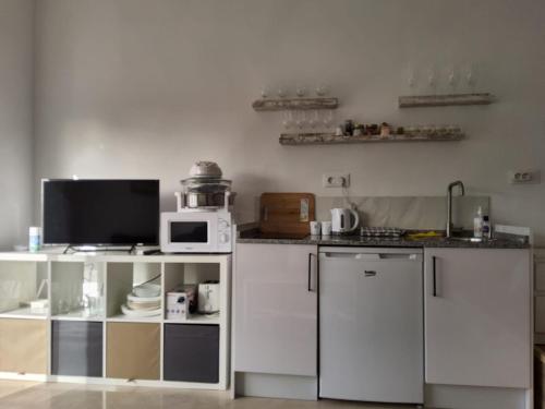 马拉加Tranquility studio apartment的厨房配有白色橱柜和微波炉