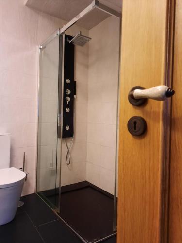 Chão SobralCasa da Eira de Cima的浴室里设有玻璃门淋浴