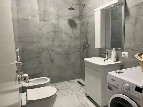 地拉那Comfy Nest Apartment- free parking的浴室配有卫生间、盥洗盆和淋浴。