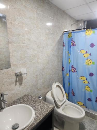 卡门阿皮卡拉Mansión con piscina privada Villa Guiomar的一间带卫生间和淋浴帘的浴室