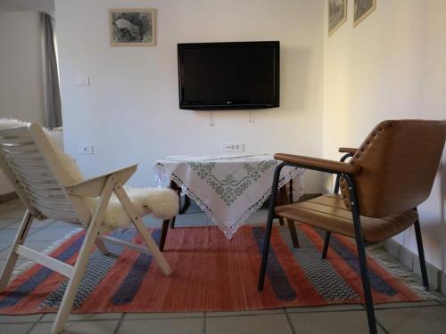 多布尔纳Apartma Drev in Bošnjak的配有桌子和两把椅子以及电视的房间
