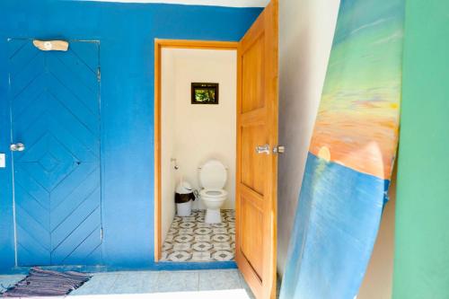 帕沃内斯Hostel Esperanza的一间带卫生间和蓝色墙壁的浴室