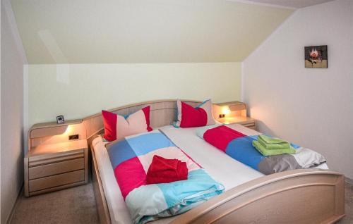 AchtrupAm Moor的一间卧室配有一张带红色和蓝色枕头的大床