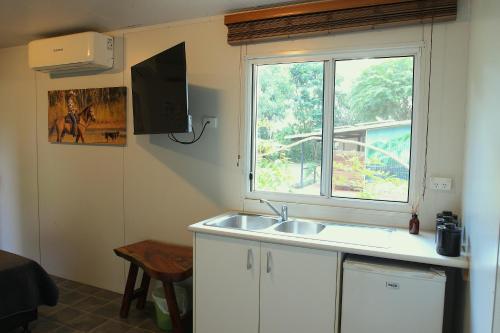 Batchelor榕树酒店的厨房设有水槽和窗户。
