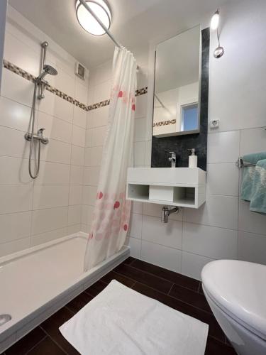 萨斯尼茨Sonnige Souterrain-Ferienwohnung的带浴缸、盥洗盆和卫生间的浴室
