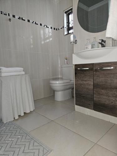 马塞卢Three Stones Executive Apartments的一间带水槽和卫生间的浴室