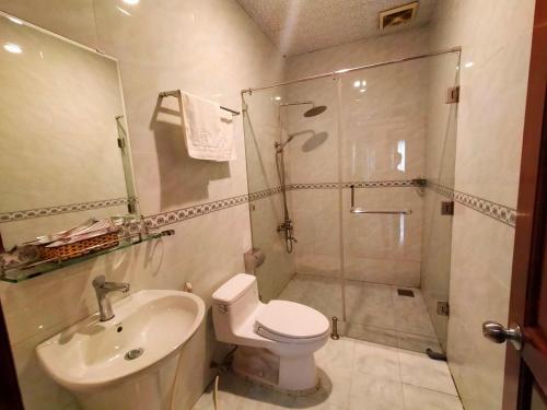 迪石国东酒店的带淋浴、卫生间和盥洗盆的浴室