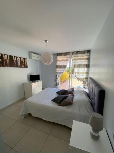 阿雅克修Villa cote plage的一间卧室设有一张大床和一个窗户。