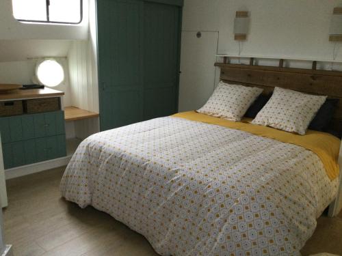 卡斯特尔萨拉桑Péniche GEMJO的一间卧室配有一张带黄色毯子的大床