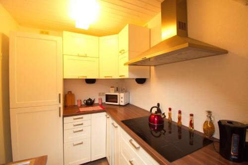 拉策堡Haus Maria的厨房配有白色橱柜和炉灶烤箱。
