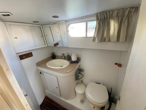 巴塞罗那- DIVALI - Duerme en un Confortable Yate en Barcelona的一间带卫生间和水槽的小浴室