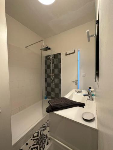 杜瓦讷内Appartement Design III - Port du Rosmeur - Douarnenez的白色的浴室设有水槽和淋浴。