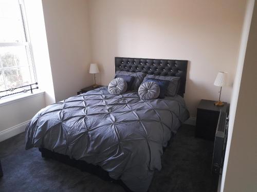 柯库布里Kirkcudbright Holiday Apartments - Apartment E的一间卧室配有一张带蓝色枕头的大床