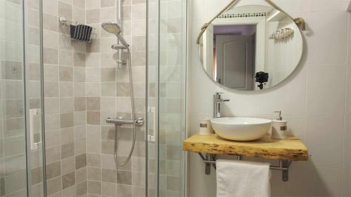 托莱多La casa del Potro by Toledo AP的浴室配有盥洗盆和带镜子的淋浴
