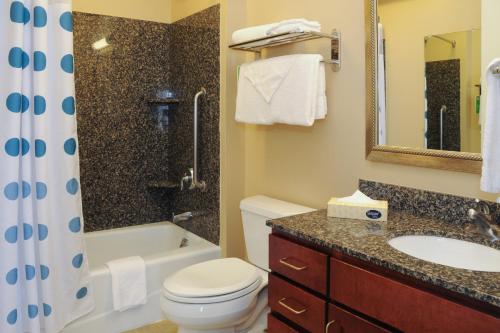 科罗拉多斯普林斯科罗拉多斯普林斯南万豪广场套房酒店的浴室配有卫生间、盥洗盆和淋浴。