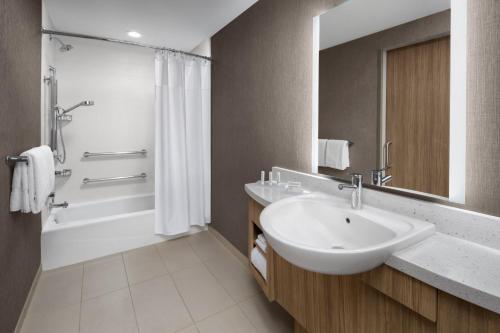 卡尔施塔特SpringHill Suites by Marriott East Rutherford Meadowlands Carlstadt的浴室配有水槽、淋浴和浴缸。
