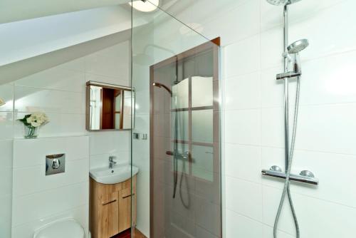 亚斯塔尔尼亚HORN Jastarnia的带淋浴和盥洗盆的浴室