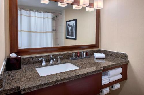 尤宁戴尔长岛万豪酒店的一间带水槽和镜子的浴室