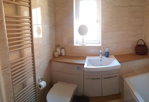 WelburnEntire house, Crambeck,Welburn, near Castle Howard的一间带水槽和卫生间的浴室以及窗户。