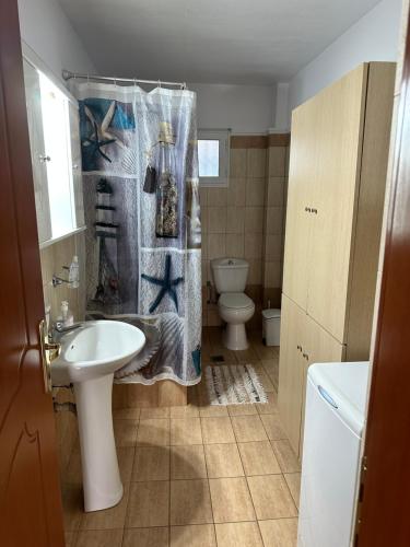 弗洛伊塔Archontia Apartment的浴室配有水槽、卫生间和浴帘
