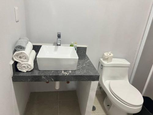 El CoacoyulCasa Hipocampo的浴室配有白色水槽和卫生间。