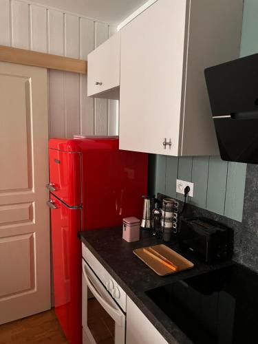 拉罗谢尔Nid douillet T2 wifi centre historique 3 étoiles的厨房配有红色冰箱和白色橱柜