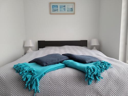 帕克Aparatment Zatoka Pucka的床上铺有蓝色枕头的床