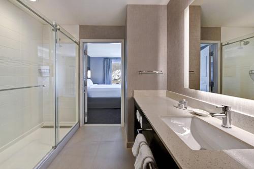 斯廷博特斯普林斯Residence Inn by Marriott Steamboat Springs的一间带水槽和淋浴的浴室