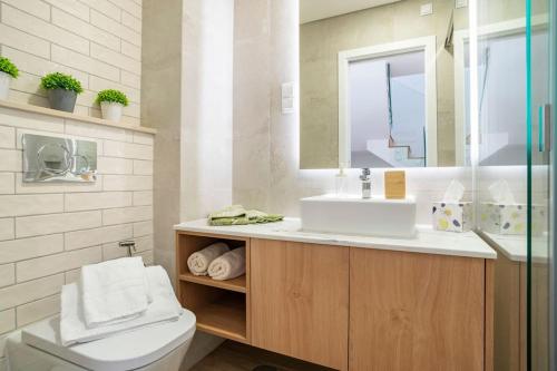 奥良Casa Nova do Levante, perto do Mar的一间带水槽、卫生间和镜子的浴室