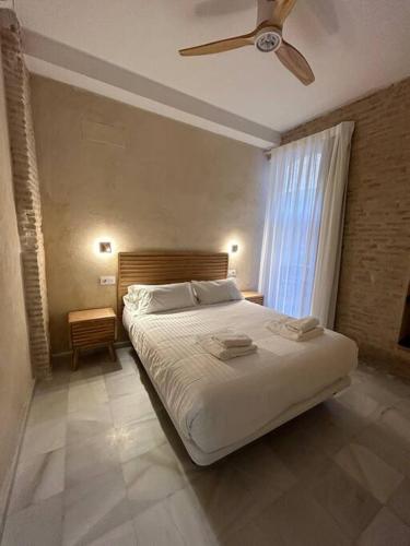 塞维利亚Casa Procurador Triana的一间卧室配有一张床和吊扇