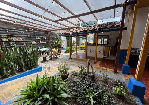 萨兰托Hostal Ciudad de Segorbe的户外庭院种有植物,设有凉亭