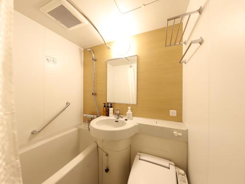 东京Smile Hotel Shinagawasengakujiekimae的一间带卫生间、水槽和镜子的浴室