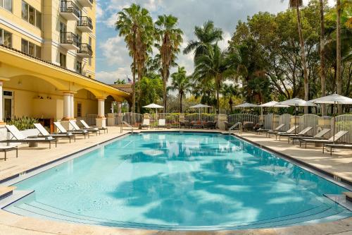 科勒尔斯普林斯Fort Lauderdale Marriott Coral Springs Hotel & Convention Center的一个带躺椅的游泳池和一间酒店