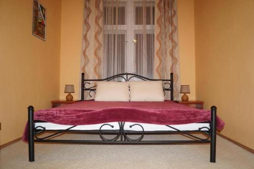 玛丽亚温泉Dream appartment for a nice holiday with a bedroom and living room!的一张带红色毯子和窗户的床