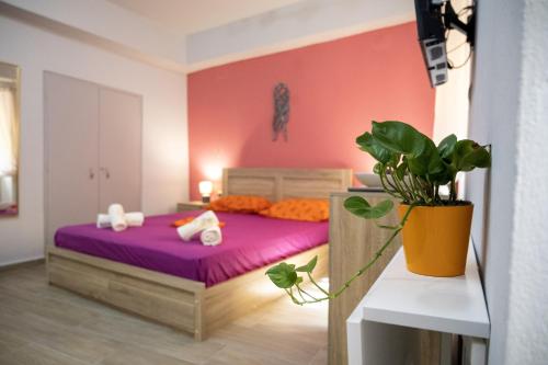 埃尔莫波利斯Maya Studio的一间卧室配有一张带紫色床单和植物的床