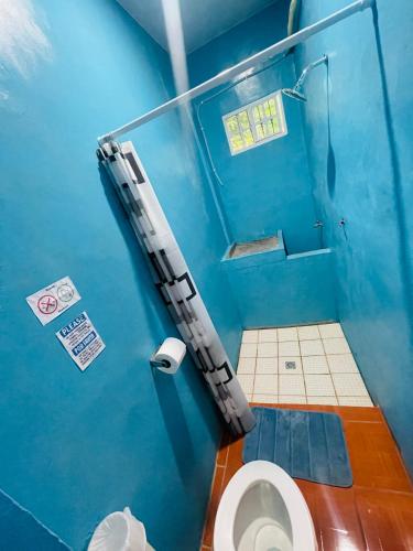 圣米格尔Hostal Mónaco的一间蓝色浴室,在摊位设有厕所