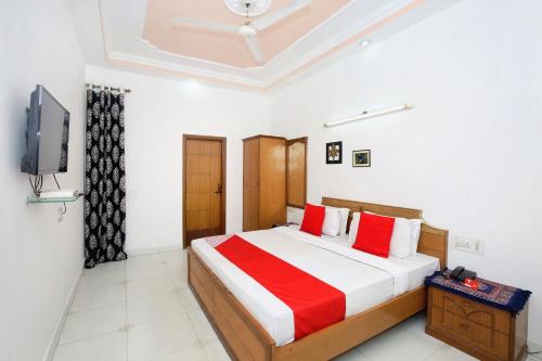 阿姆利则昆士兰酒店 的一间卧室配有一张带红色枕头的床和一台电视。