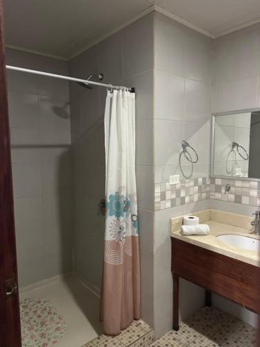阿拉胡埃拉Hotel Pacande B&B的浴室配有淋浴帘和盥洗盆。