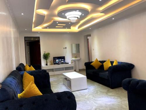 OthayaAberdare Home的客厅配有蓝色沙发和黄色枕头。