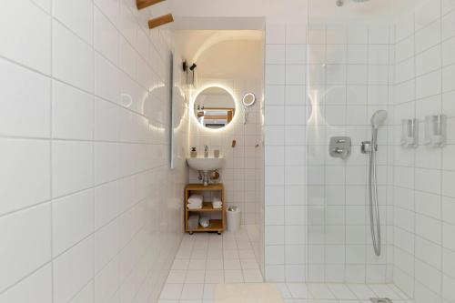 克拉尼Apartma Jenkova rezidenca的带淋浴和盥洗盆的白色浴室